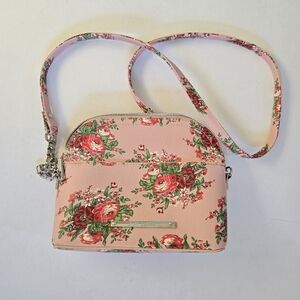 Betsey Johnson pink floral roses faux leather cross body with chain bow accent